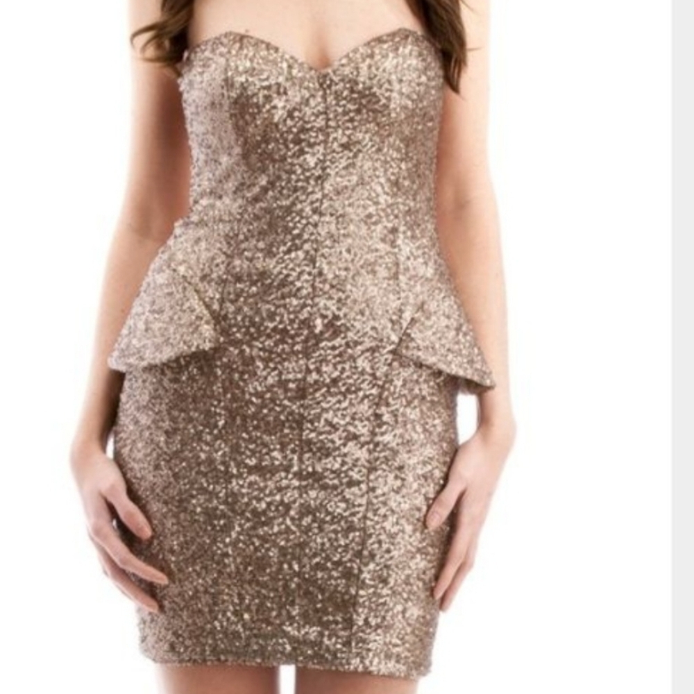 Vintage Sequin Party Gold Peplum ABYSS Women's Strapless Dress SMALL Homecoming